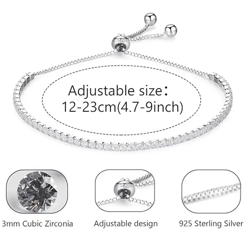 925 Sterling Silver Bracelet Fine Jewelry Cubic Zirconia Tennis Bracelet Adjustable  for Women