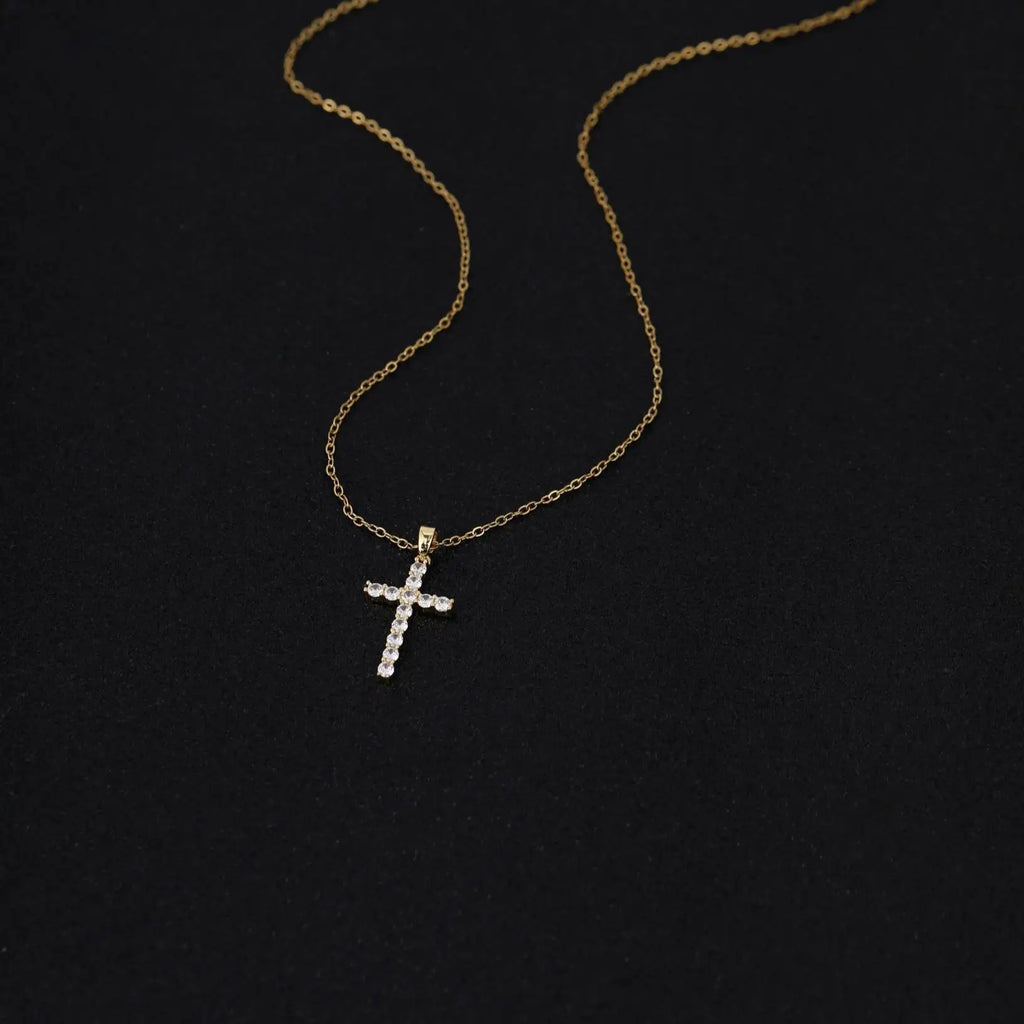 US Local Stock Classic Cross Necklace Simple Stainless Steel Chain Sparkling Zircon Daily Wear Wedding Valentine Birthday Gift