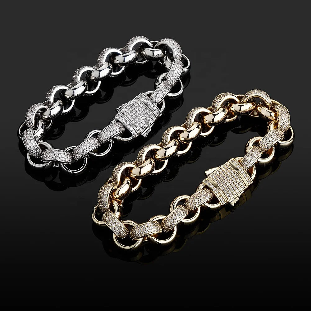 Hot Sale Bracelet Luxury 12mm O Shape Cuban Link Chain Gold Plated Jewelry Crystal Bracelet