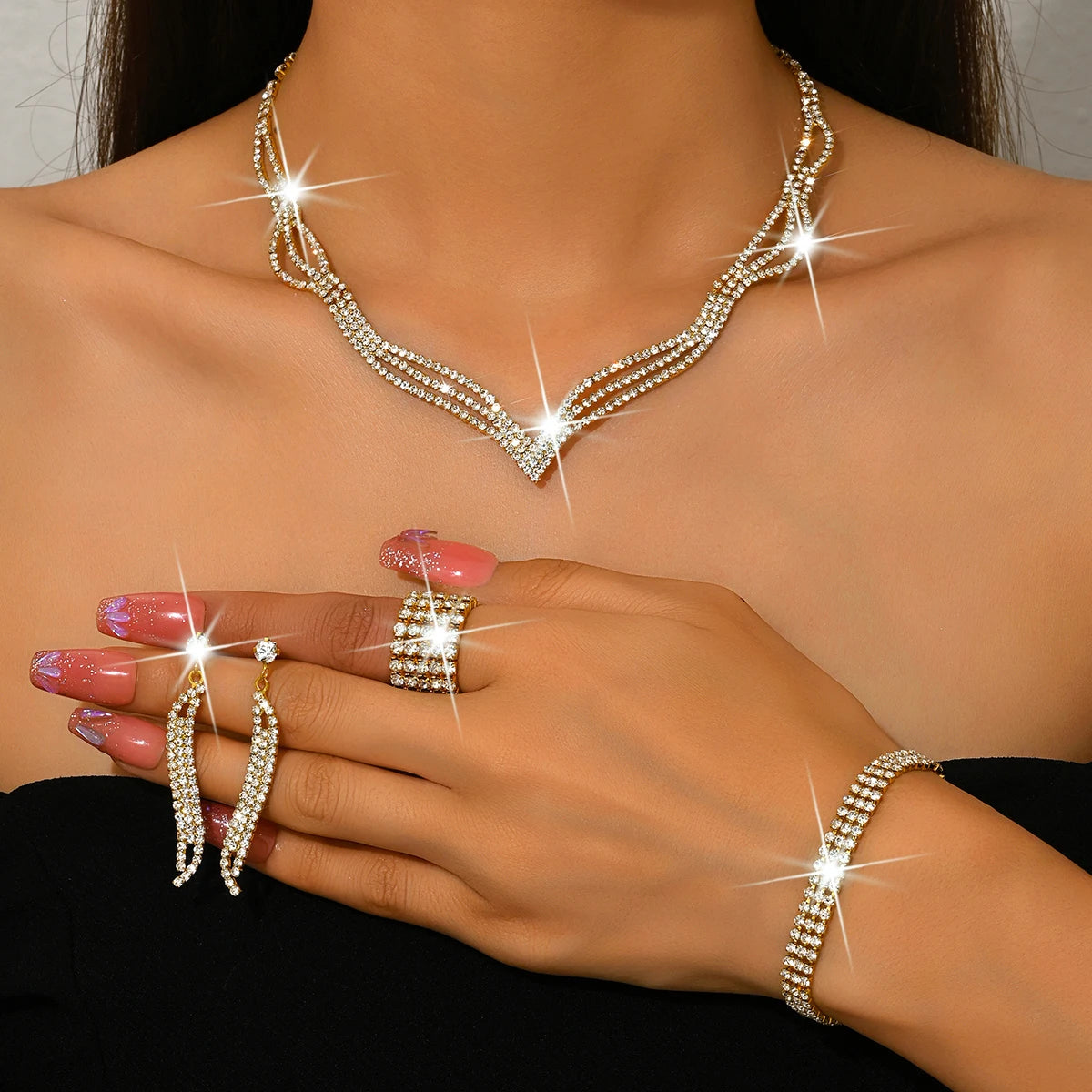 New Style Bling Luxury Wedding Necklace Full Diamond Tassel Necklace Earrings Bracelet Ring Set for Ladies