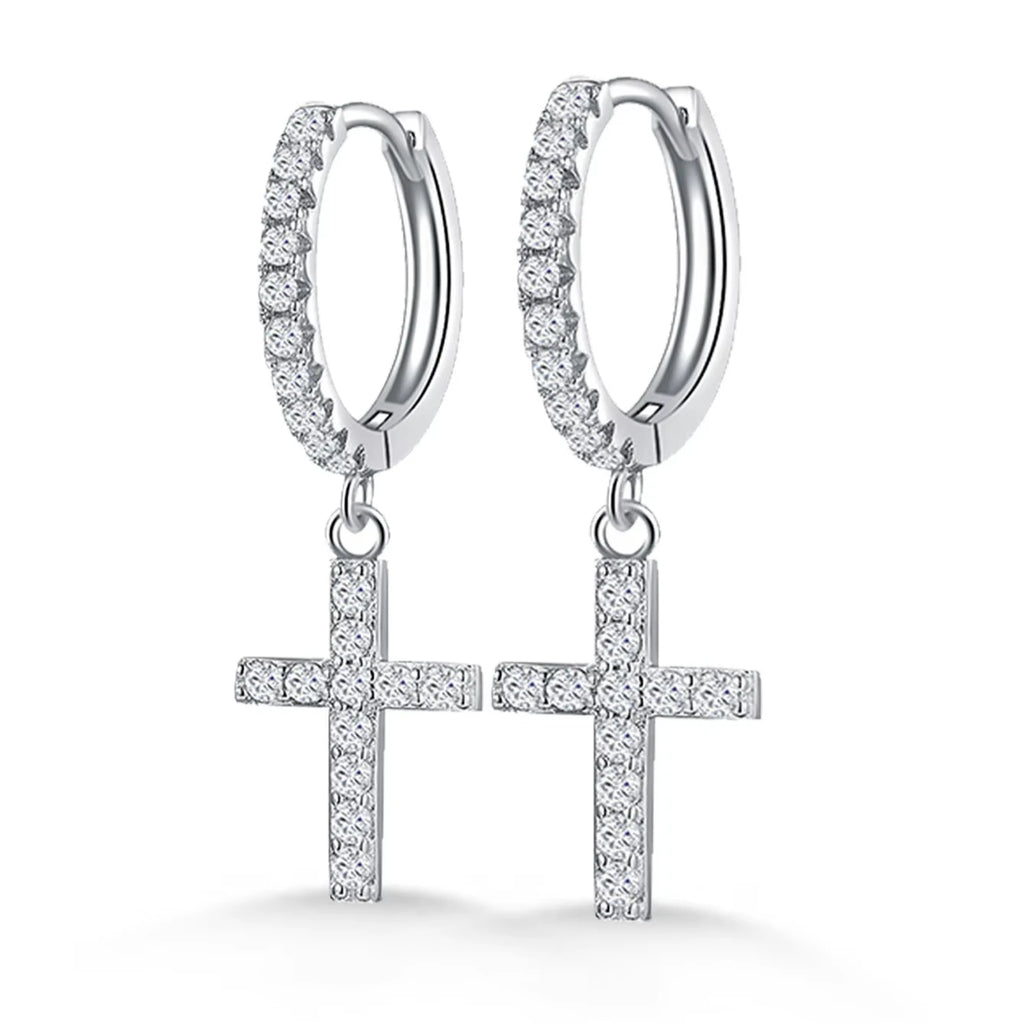 Cross 925 Sterling Silver Hip Hop Drop Hoop Earrings VVS D Color Moissanite Earrings Men Women Jewelry for Party Gift