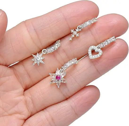 10Pcs Dangle Nose Rings Hoop Butterfly Heart Moon Flower Star CZ Cartilage Earring Dangling Nose Body Piercing Jewelry 20G