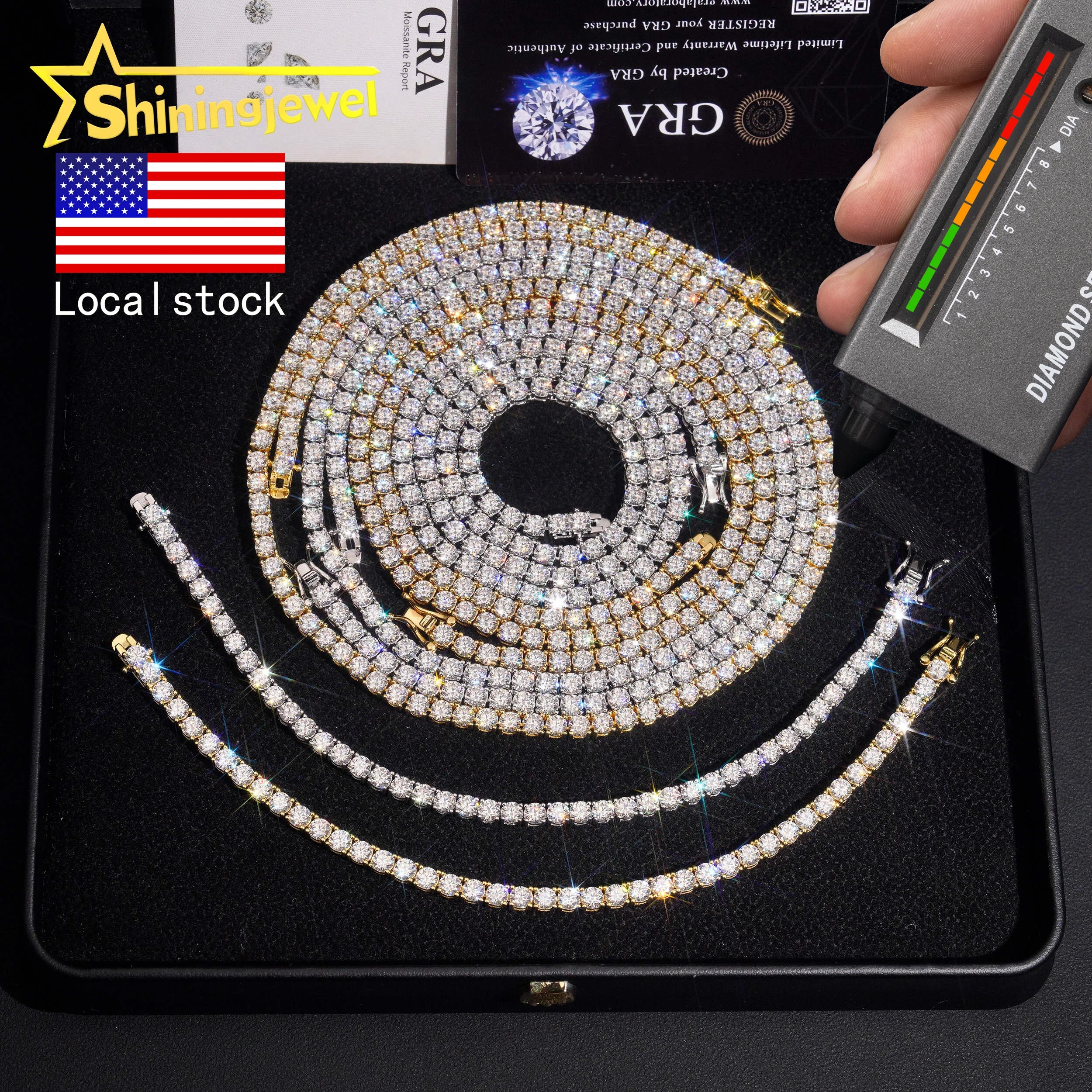 4mm Diamond Fast Shipping USA Warehouse Iced Out Bracelet 925 Silver Hip Hop VVS D Moissanite Jewelry Tennis Chain Necklace