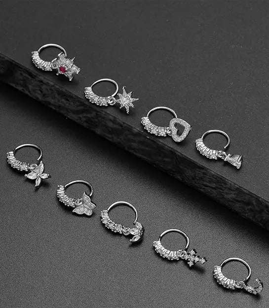 10Pcs Dangle Nose Rings Hoop Butterfly Heart Moon Flower Star CZ Cartilage Earring Dangling Nose Body Piercing Jewelry 20G