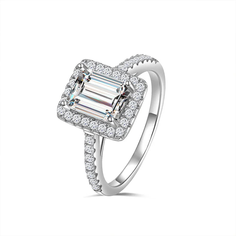 925 Sterling Silver GRA Certified 6*8mm 2CT Emerald Cut Moissanite Engagement Ring for Women