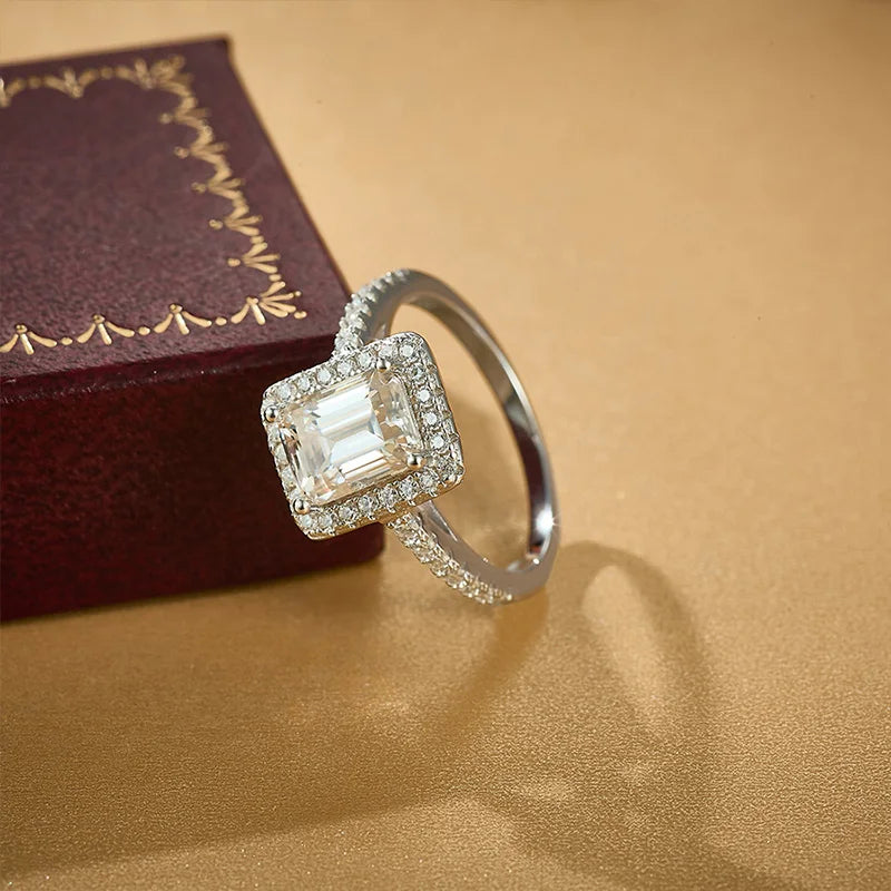 925 Sterling Silver GRA Certified 6*8mm 2CT Emerald Cut Moissanite Engagement Ring for Women