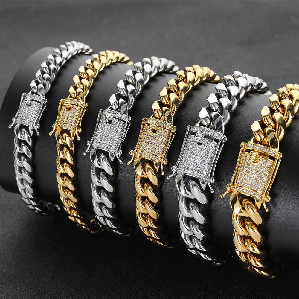 Wholesale Hot Sales Diamond Clasp Hip Hop Cuban Chain Bracelet 18k Gold Plated Stainless Steel Cuban Link Bracelet Boys Mens