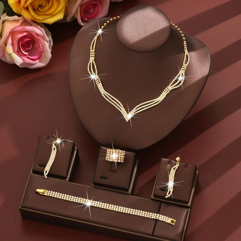 New Style Bling Luxury Wedding Necklace Full Diamond Tassel Necklace Earrings Bracelet Ring Set for Ladies