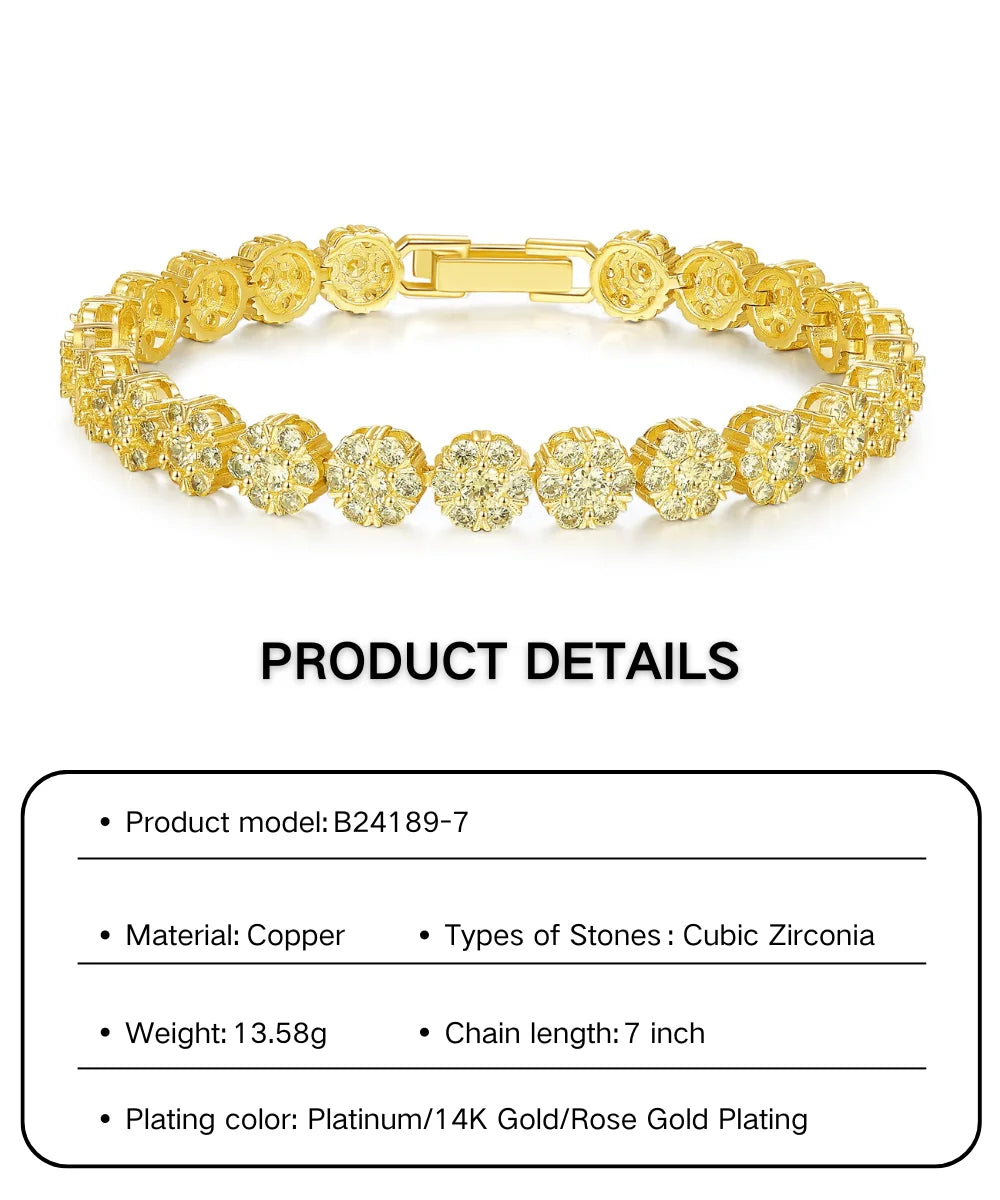 High Quality Gold Plated Chain Bracelet Women's Fashion Bracelet 14K Gold CZ Zirconia Zircon Flower Women Tennis Bracelet Link