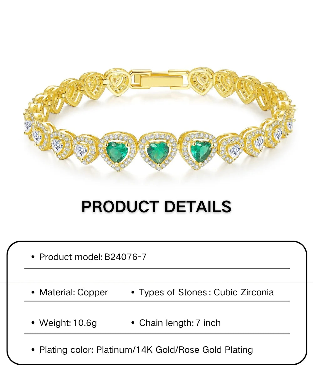 Gold Plated Chain Bracelet Women's Fashion Bracelet 14K Gold CZ Zirconia Zircon Heart Emerald Women Tennis Bracelet Link