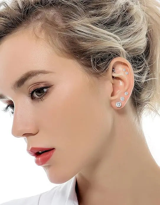 7 Pairs 18G 20G Stainless Steel Stud Earrings Round Cubic Zirconia Earring Set for Men Women 2MM-8MM Silver Tone