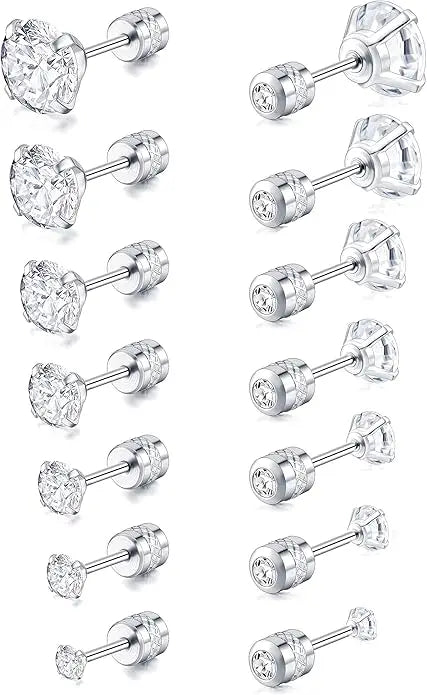 7 Pairs 18G 20G Stainless Steel Stud Earrings Round Cubic Zirconia Earring Set for Men Women 2MM-8MM Silver Tone
