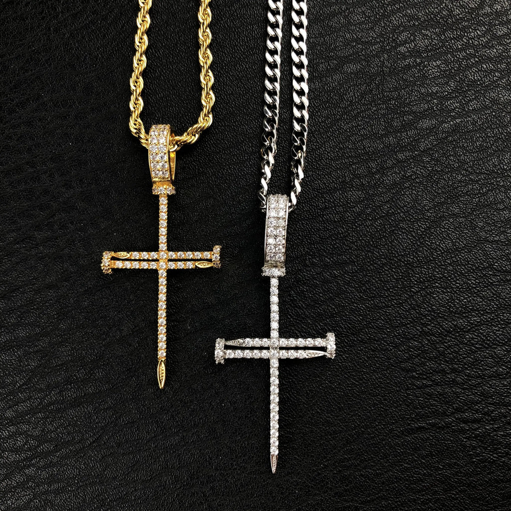 New Copper Set Zircon Nail Cross Pendant Hip Hop Necklace Men's Jewelry