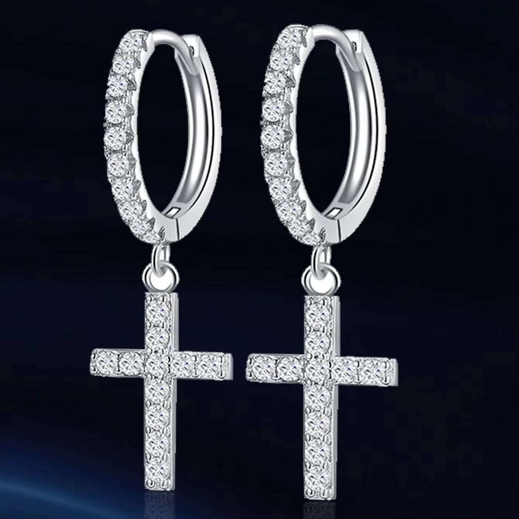 Cross 925 Sterling Silver Hip Hop Drop Hoop Earrings VVS D Color Moissanite Earrings Men Women Jewelry for Party Gift