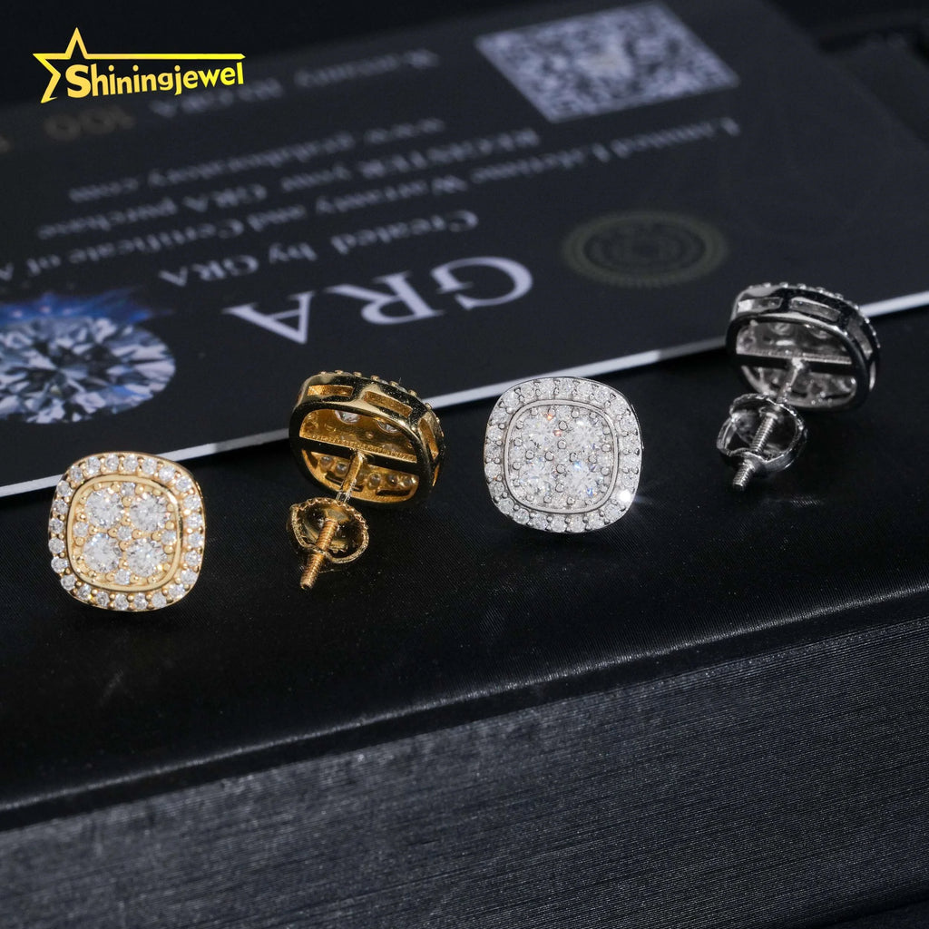USA Local Shipping Square10mm Earring Pass Diamond Test Moissanite Gold Plated S925 Screw Back Stud Earring Fast Shipping