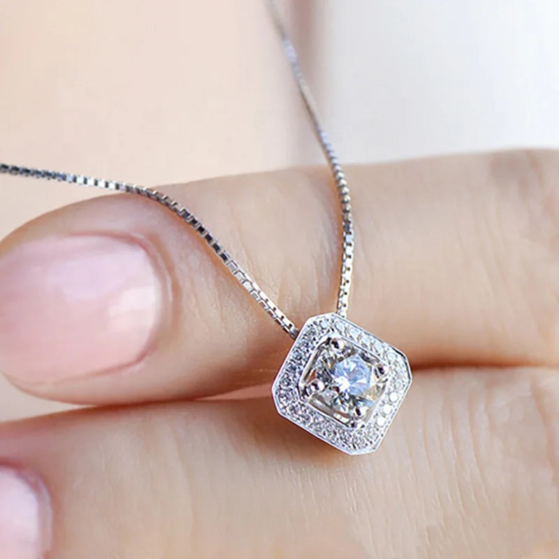 Simple Silver Color Princess Square Cut Crystal Zircon Pendant Necklace for Women Best Friends Gifts Chain Jewelry