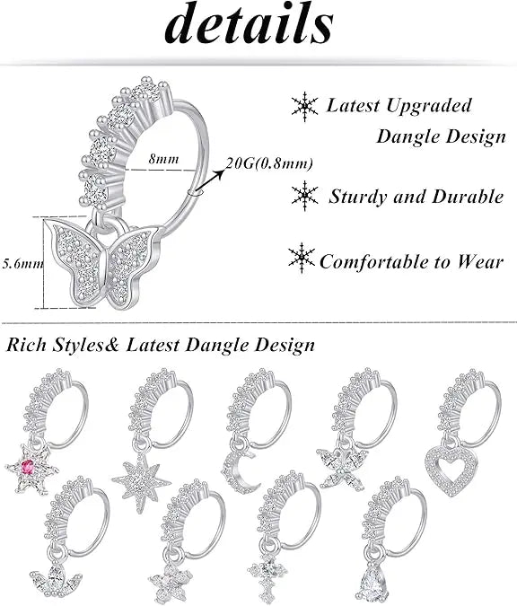 10Pcs Dangle Nose Rings Hoop Butterfly Heart Moon Flower Star CZ Cartilage Earring Dangling Nose Body Piercing Jewelry 20G