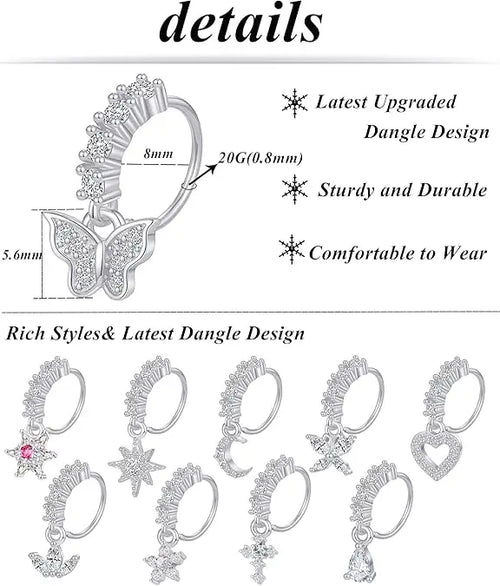 10Pcs Dangle Nose Rings Hoop Butterfly Heart Moon Flower Star CZ Cartilage Earring Dangling Nose Body Piercing Jewelry 20G
