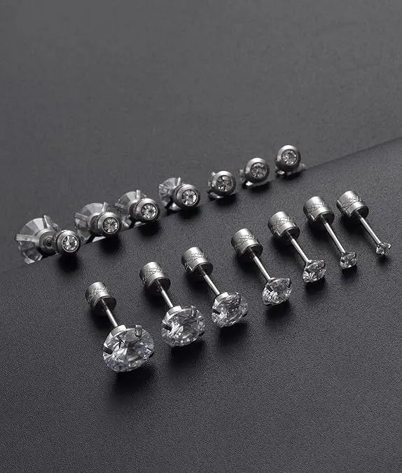 7 Pairs 18G 20G Stainless Steel Stud Earrings Round Cubic Zirconia Earring Set for Men Women 2MM-8MM Silver Tone