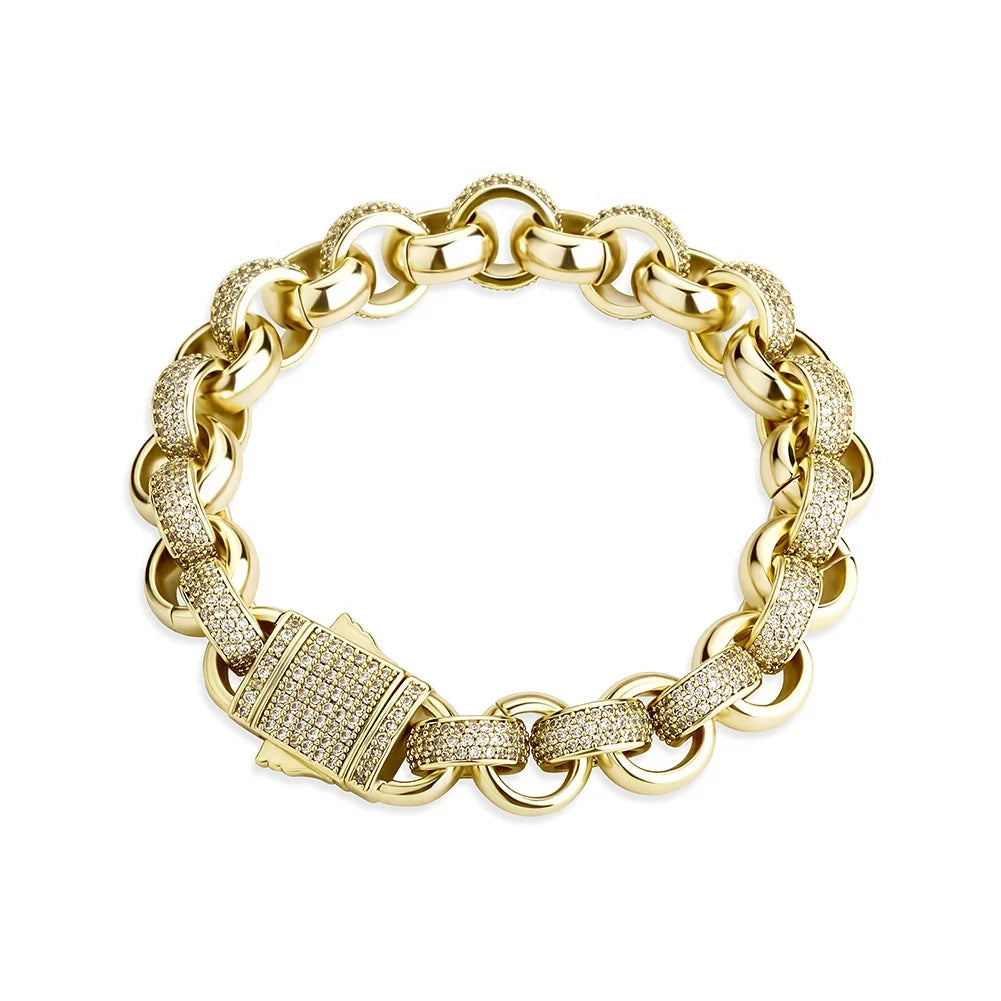 Hot Sale Bracelet Luxury 12mm O Shape Cuban Link Chain Gold Plated Jewelry Crystal Bracelet