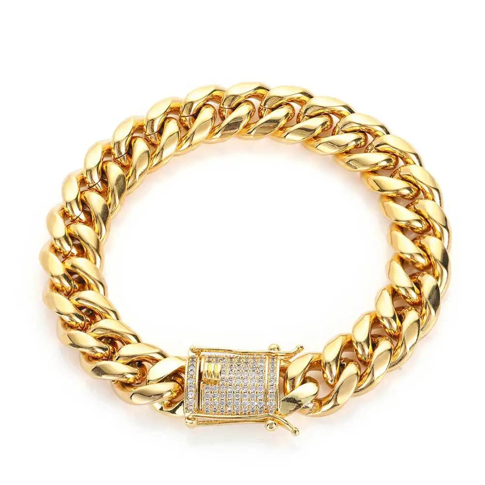 Wholesale Hot Sales Diamond Clasp Hip Hop Cuban Chain Bracelet 18k Gold Plated Stainless Steel Cuban Link Bracelet Boys Mens