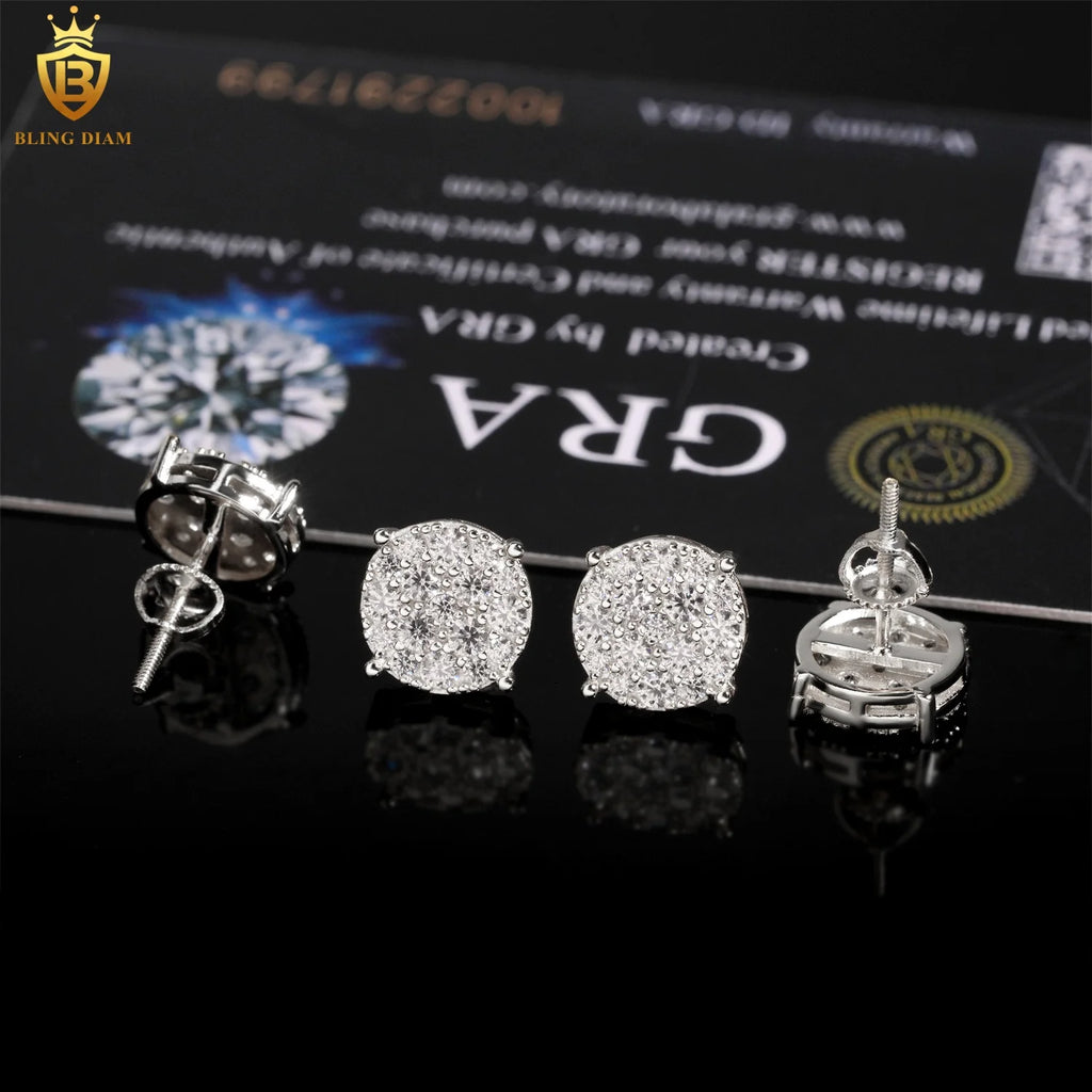 New Arrival 9.8mm Moissanite Diamond Earrings with GRA 925 Sterling Silver Hiphop Stud Earrings Set for Unisex in USA Warehouse