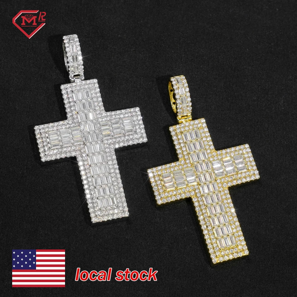 Fine Jewelry VVS Baguette Moissanite Cross Charms 925 Silver Fully Iced Out Pass Diamond Tester Moissanite Pendant