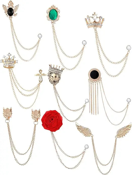 9Pcs Tassel Chain Brooch Collar Pins Hanging Chains for Suit Lapel Tuxedo Shirts Tie Hat Scarf Brooch Pin Fashion Jewelry