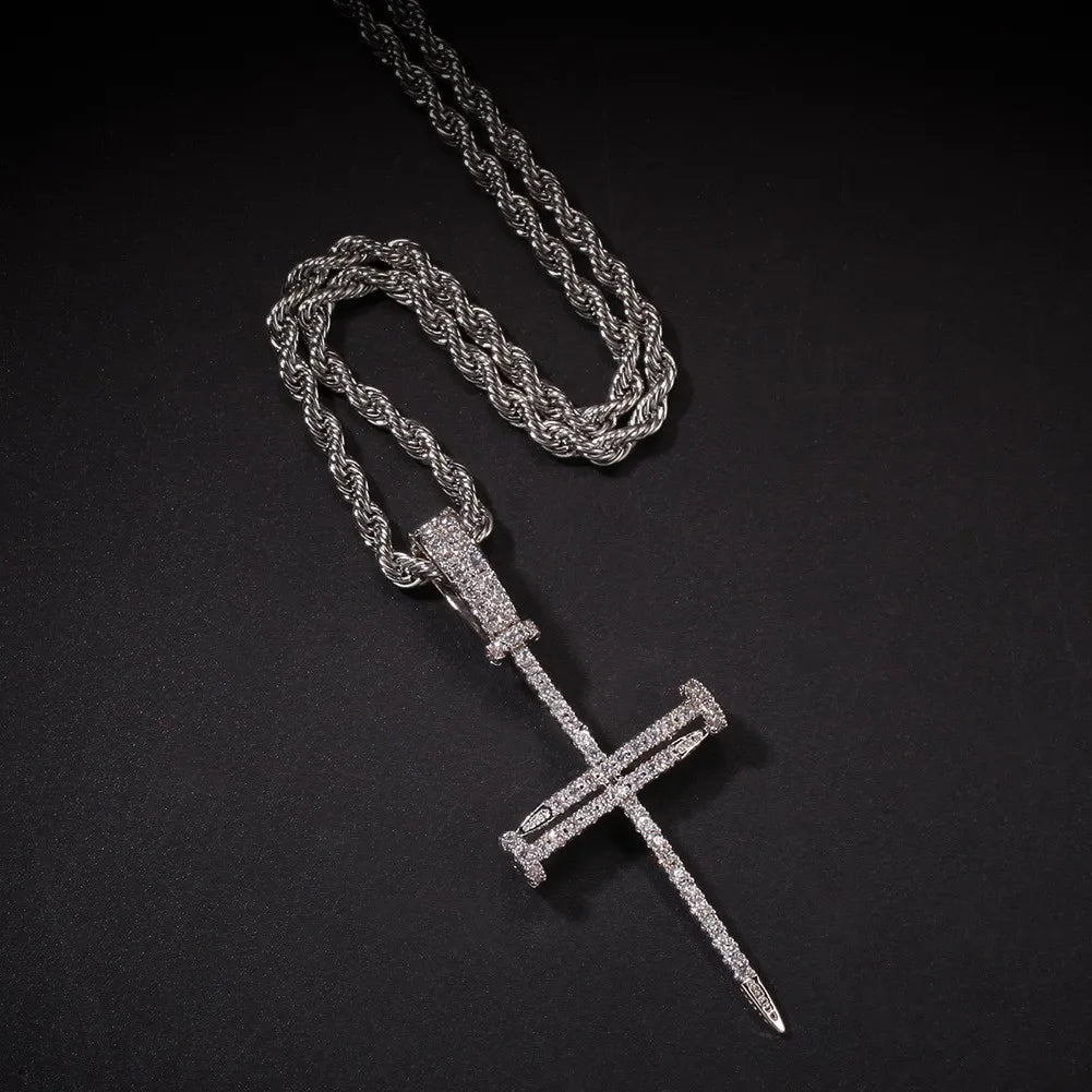 New Copper Set Zircon Nail Cross Pendant Hip Hop Necklace Men's Jewelry