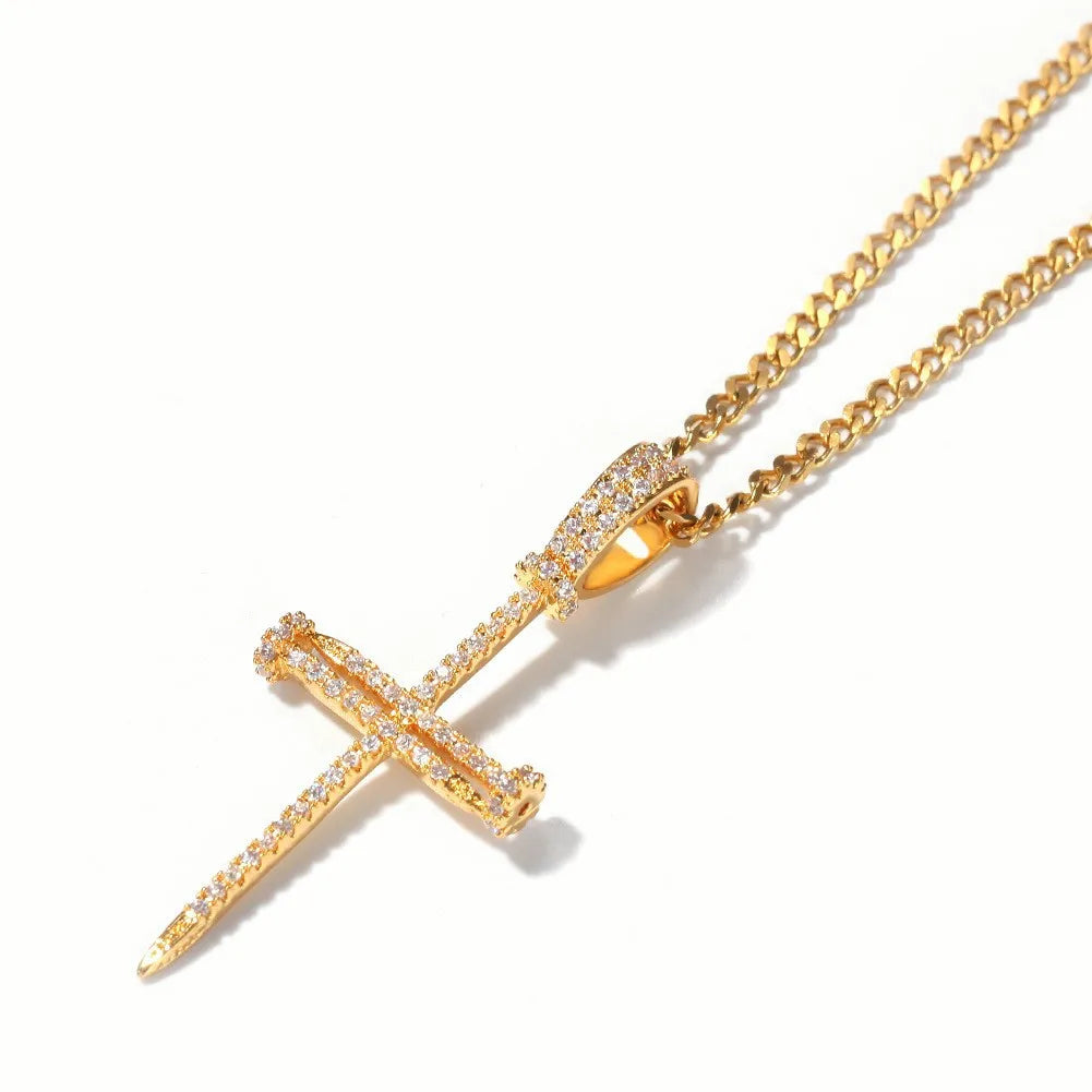 New Copper Set Zircon Nail Cross Pendant Hip Hop Necklace Men's Jewelry