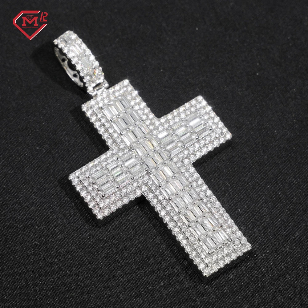Fine Jewelry VVS Baguette Moissanite Cross Charms 925 Silver Fully Iced Out Pass Diamond Tester Moissanite Pendant