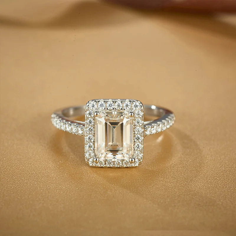 925 Sterling Silver GRA Certified 6*8mm 2CT Emerald Cut Moissanite Engagement Ring for Women