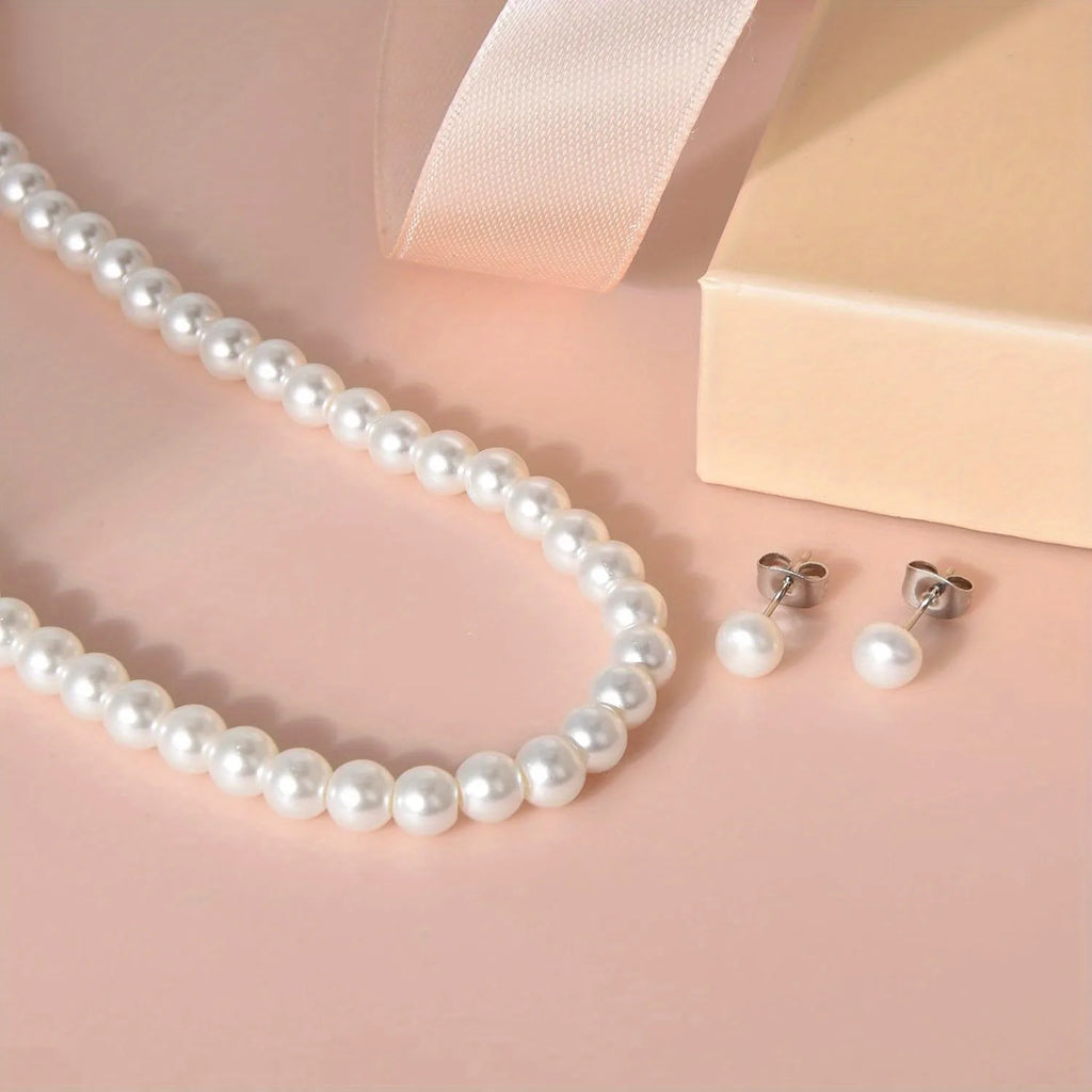 Fashion Jewelry Sets for Women Pearl Necklace Stainless Steel Stud Earrings Gift Bridal Party Jewelry