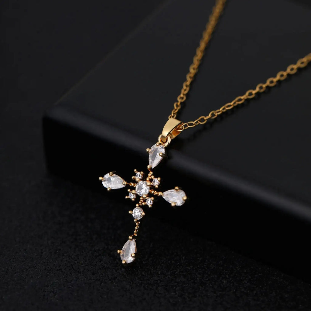 US Local Stock Classic Cross Necklace Simple Stainless Steel Chain Sparkling Zircon Daily Wear Wedding Valentine Birthday Gift