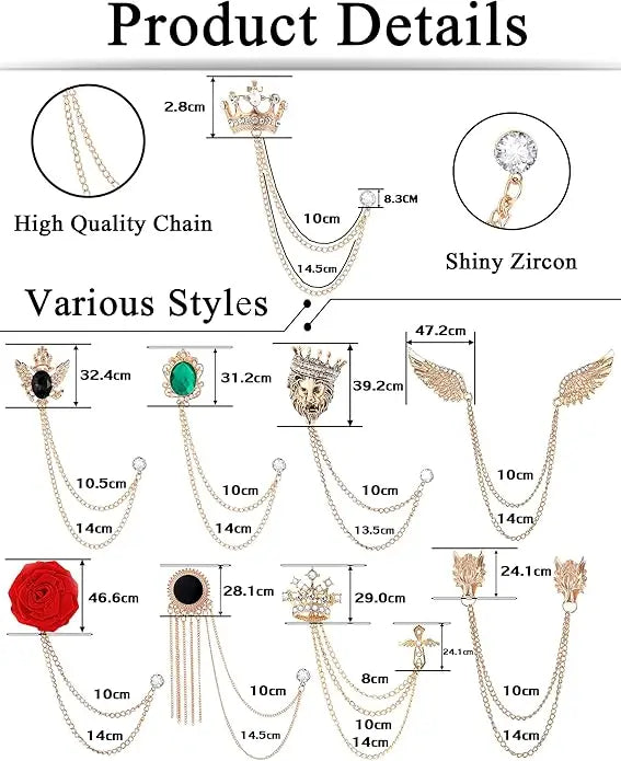9Pcs Tassel Chain Brooch Collar Pins Hanging Chains for Suit Lapel Tuxedo Shirts Tie Hat Scarf Brooch Pin Fashion Jewelry