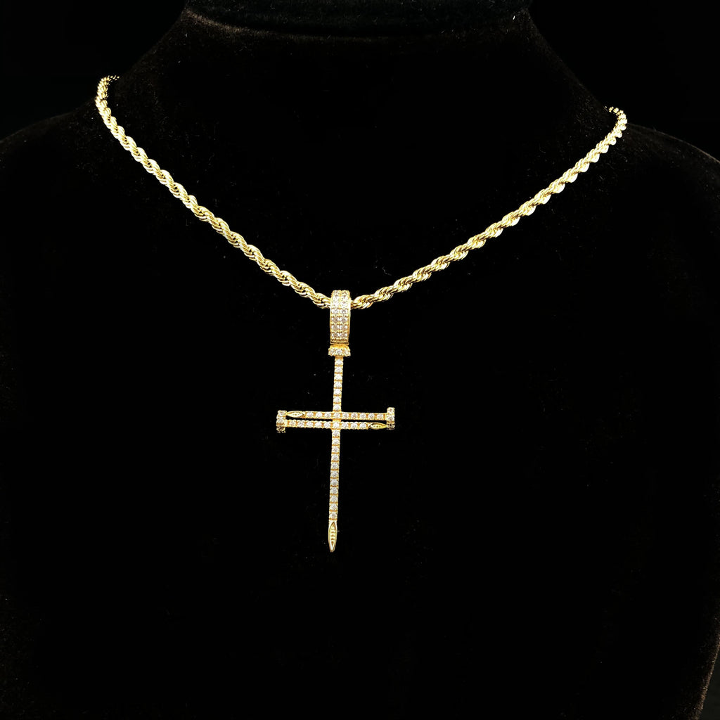 New Copper Set Zircon Nail Cross Pendant Hip Hop Necklace Men's Jewelry