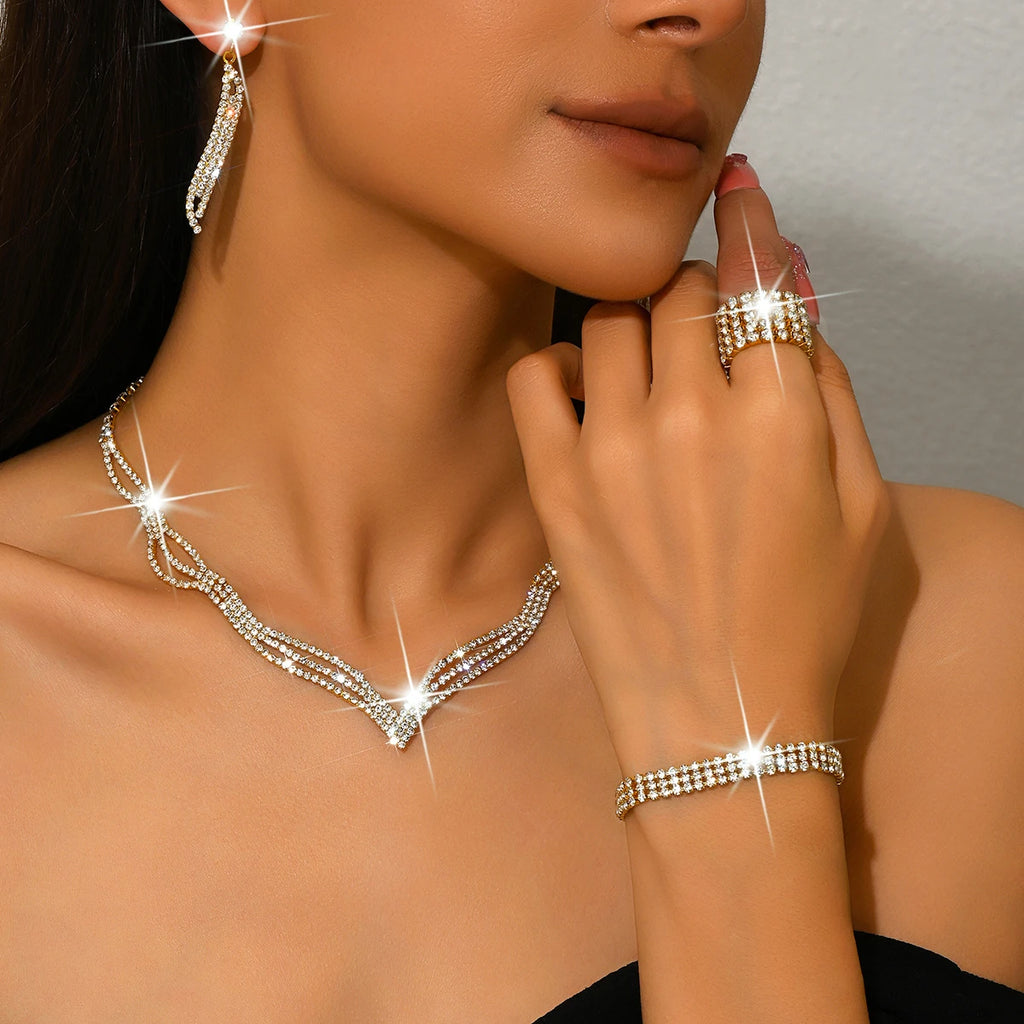 New Style Bling Luxury Wedding Necklace Full Diamond Tassel Necklace Earrings Bracelet Ring Set for Ladies