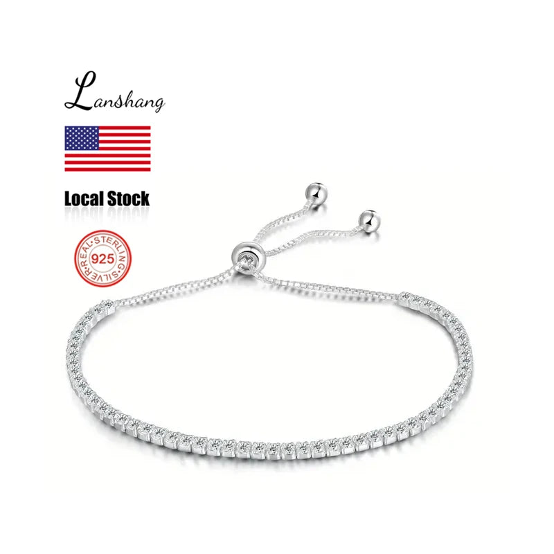 925 Sterling Silver Bracelet Fine Jewelry Cubic Zirconia Tennis Bracelet Adjustable  for Women
