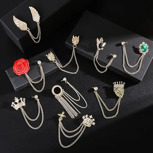 9Pcs Tassel Chain Brooch Collar Pins Hanging Chains for Suit Lapel Tuxedo Shirts Tie Hat Scarf Brooch Pin Fashion Jewelry
