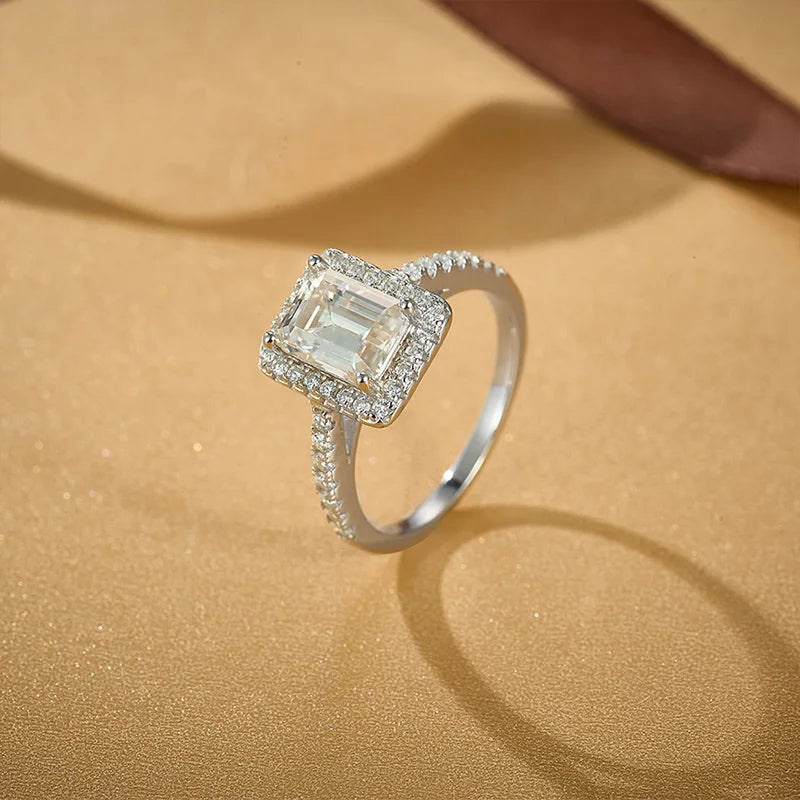 925 Sterling Silver GRA Certified 6*8mm 2CT Emerald Cut Moissanite Engagement Ring for Women