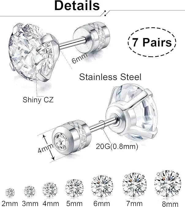 7 Pairs 18G 20G Stainless Steel Stud Earrings Round Cubic Zirconia Earring Set for Men Women 2MM-8MM Silver Tone