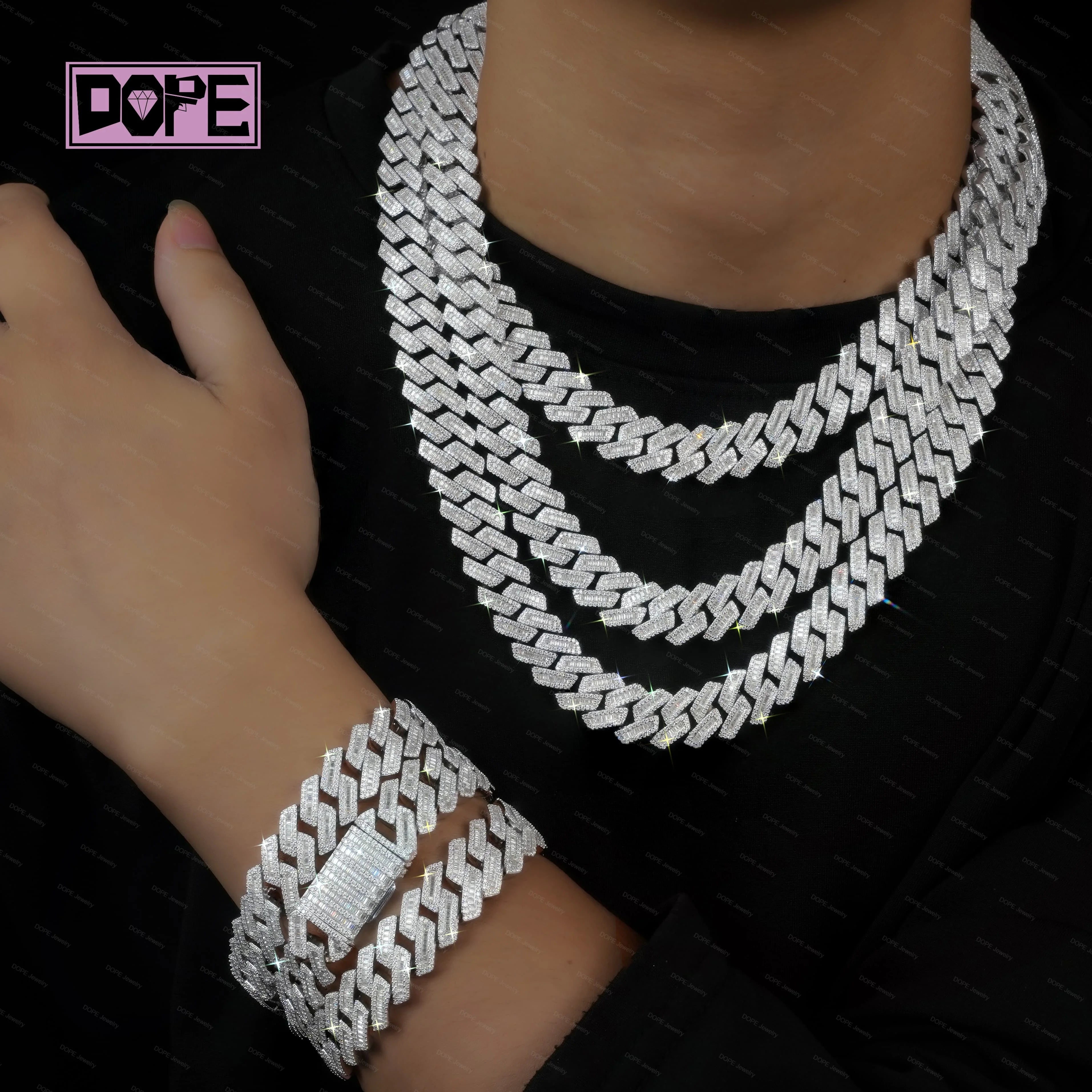 USA Stock 15mm Cuban Link Chain Hip Hop 925 Silver Inner Baguette Cut Iced Out Necklace Moissanite Cuban Chain