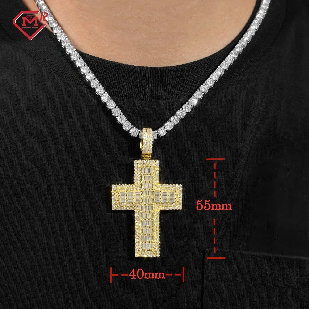 Fine Jewelry VVS Baguette Moissanite Cross Charms 925 Silver Fully Iced Out Pass Diamond Tester Moissanite Pendant