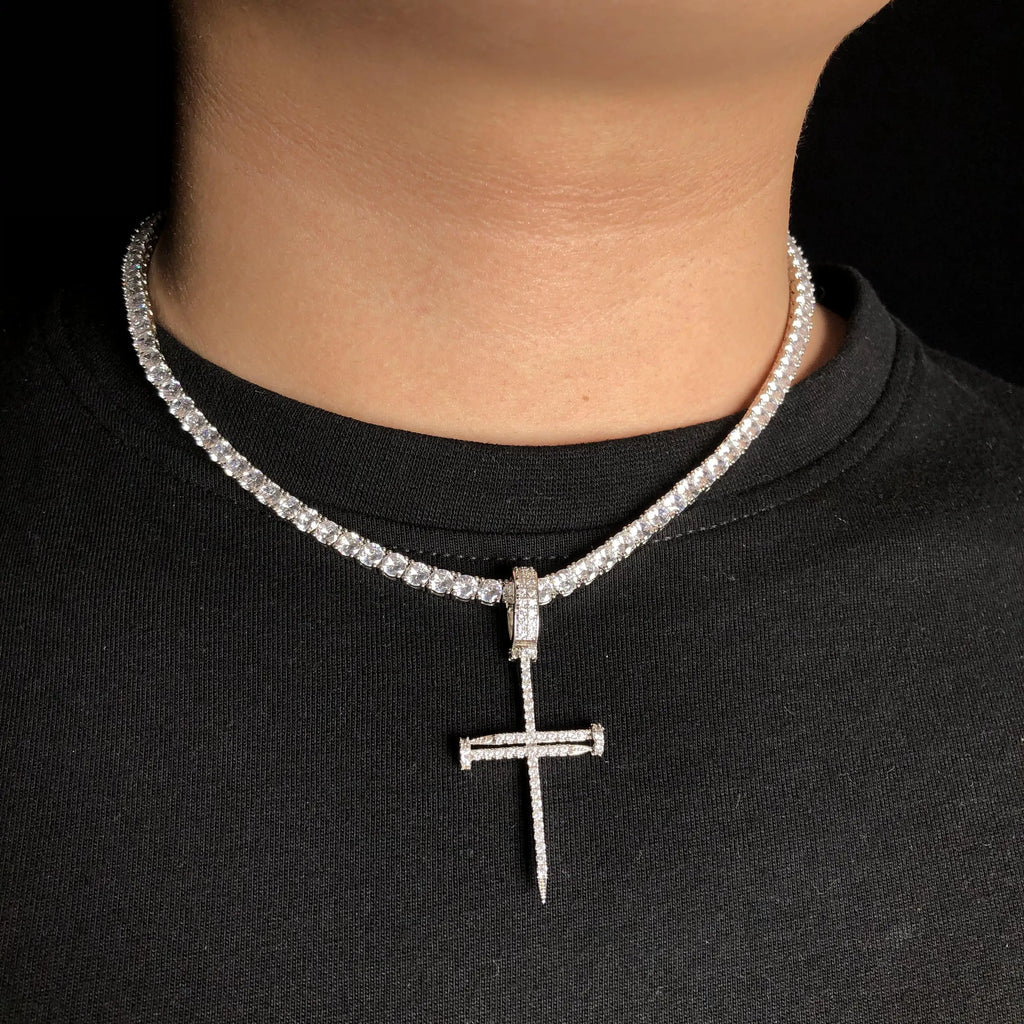 New Copper Set Zircon Nail Cross Pendant Hip Hop Necklace Men's Jewelry