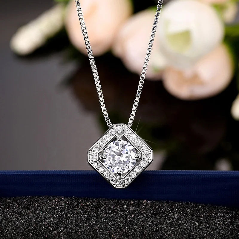 Simple Silver Color Princess Square Cut Crystal Zircon Pendant Necklace for Women Best Friends Gifts Chain Jewelry