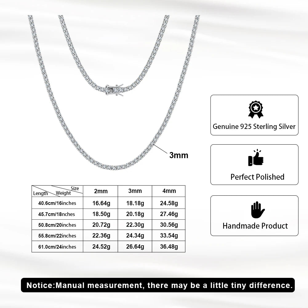 SMON01 Premium Iced Hip Hop Moissanite Necklace 925 Sterling Silver Iced Cut 3mm Moissanite Tennis Chain Necklace in Stock