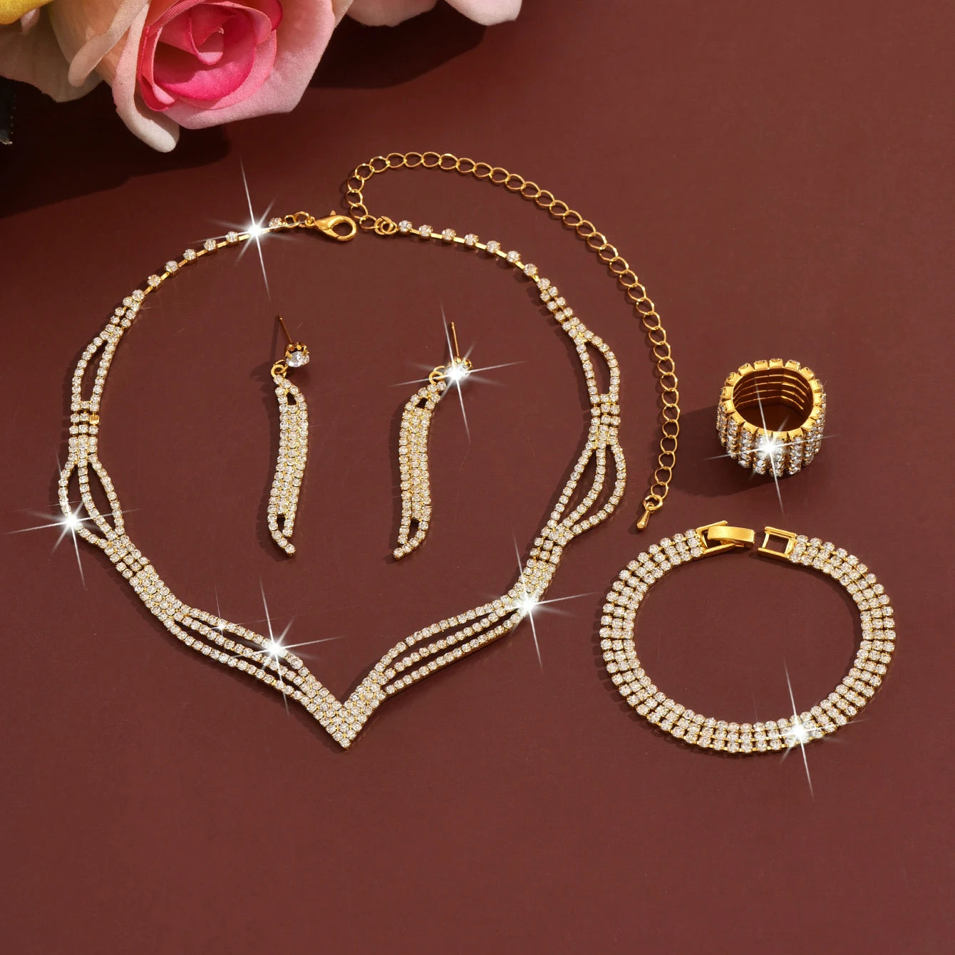 New Style Bling Luxury Wedding Necklace Full Diamond Tassel Necklace Earrings Bracelet Ring Set for Ladies