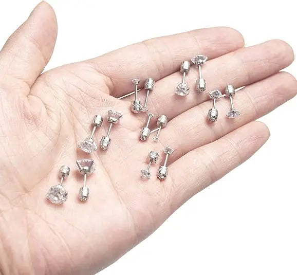 7 Pairs 18G 20G Stainless Steel Stud Earrings Round Cubic Zirconia Earring Set for Men Women 2MM-8MM Silver Tone