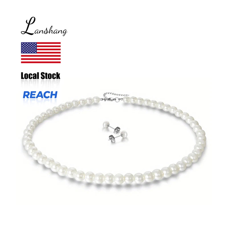 Fashion Jewelry Sets for Women Pearl Necklace Stainless Steel Stud Earrings Gift Bridal Party Jewelry