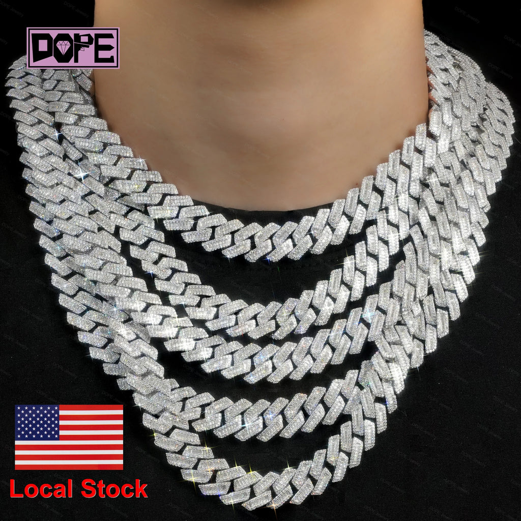 USA Stock 15mm Cuban Link Chain Hip Hop 925 Silver Inner Baguette Cut Iced Out Necklace Moissanite Cuban Chain